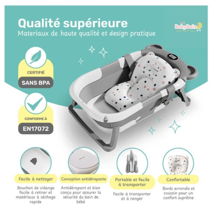 Baignoire bébé pliable - Thermomètre et coussin inclus - Baby Bain - Gris