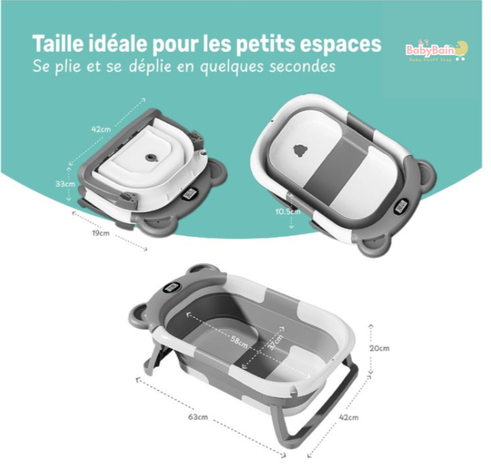 Baignoire bébé pliable - Thermomètre et coussin inclus - Baby Bain - Gris