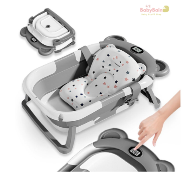 Baignoire bébé pliable - Thermomètre et coussin inclus - Baby Bain - Gris