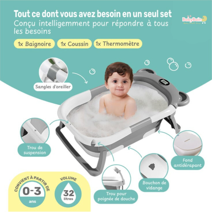 Baignoire bébé pliable - Thermomètre et coussin inclus - Baby Bain - Gris