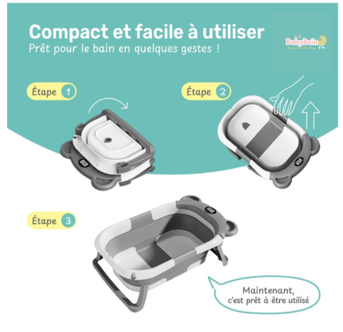 Baignoire bébé pliable - Thermomètre et coussin inclus - Baby Bain - Gris